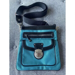 Square By Sondra Robert’s Bluegreen Nylon Black Leather Trim‎ Crossbody Bag